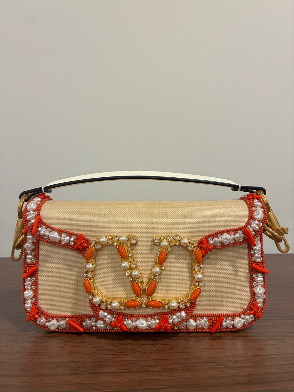 Valentino Loco Small Shoulder Bag, Red/White Beaded Trim, Raffia Gold Chain